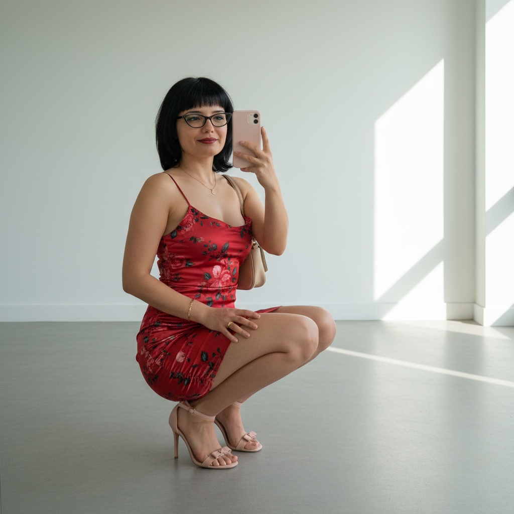 A woman with long hair wearing a red satin mini dress poses in a mirror selfie, showcasing a light pink smartphone in a bright, airy room.