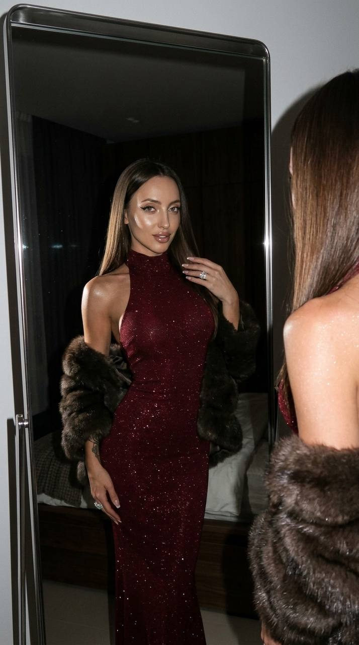 A girl with long smooth hair and playful gaze stands in front of a large mirror in a dark modern bedroom, with soft highlights on her skin.