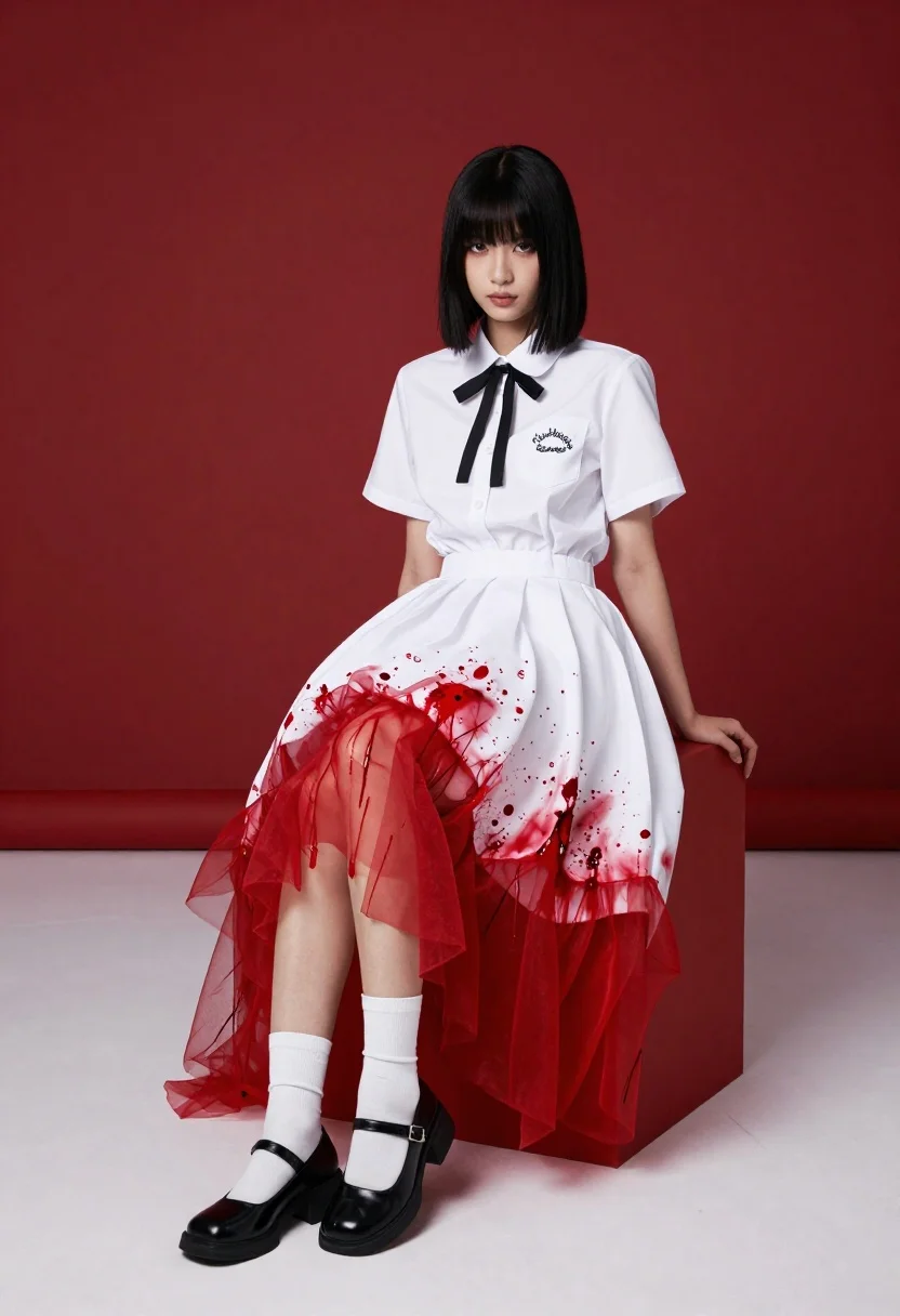Young Woman With Straight Black Hair Sits Red Cube Against reference photo