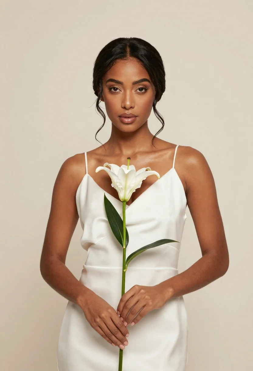 Portrait Woman With Dark Hair Styled Elegant Updo Holding White