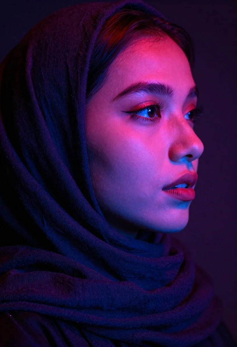Close-up profile portrait of a woman with a contemplative expression, dramatic dual-tone lighting, blue shadows and red highlights.