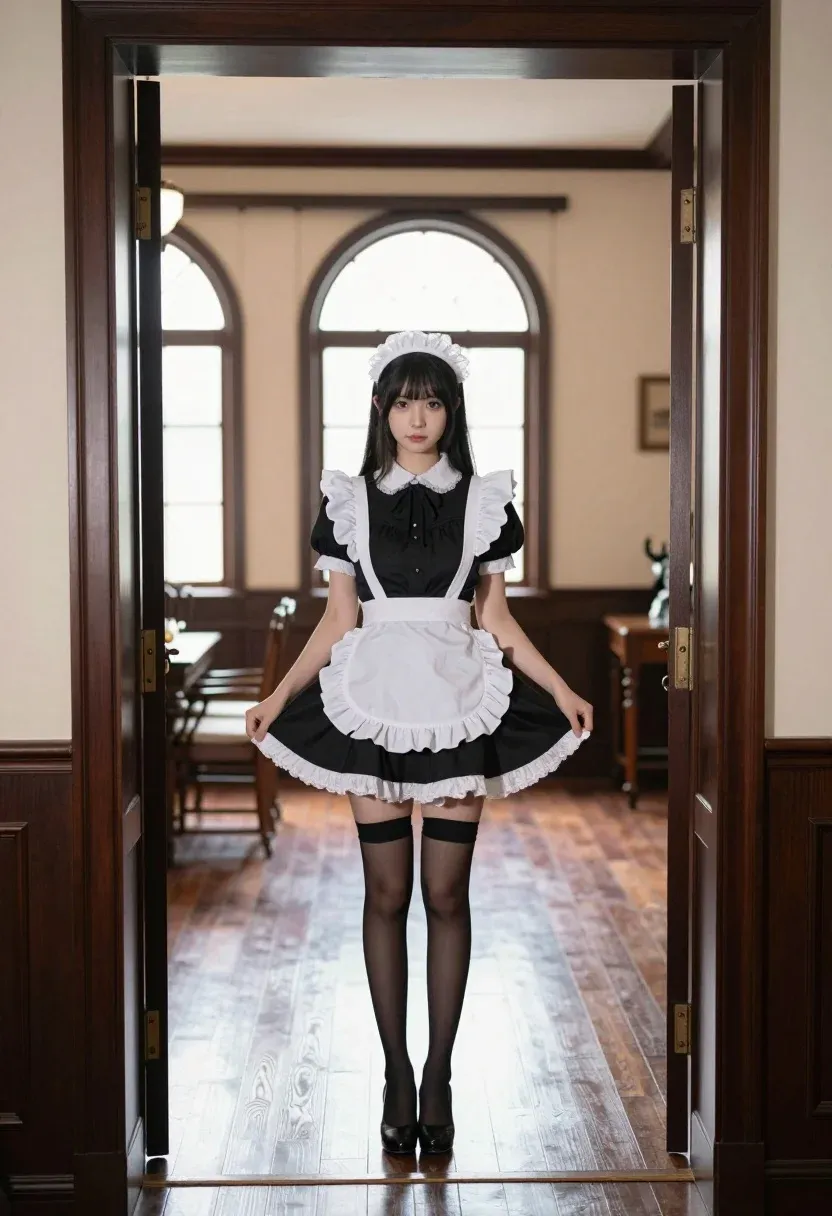 Young Woman Dressed Maid Stands The Center Elegant Room Framed