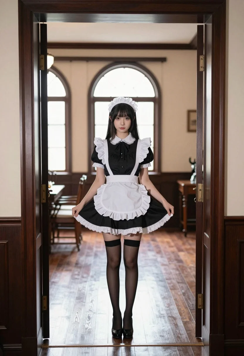 A young woman dressed as a maid stands elegantly in a well-lit room, framed by dark wooden doorways.