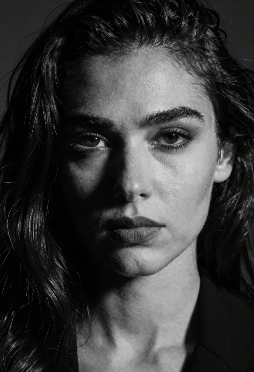 Black And White Portrait Woman With Dark Wavy Hair Moody