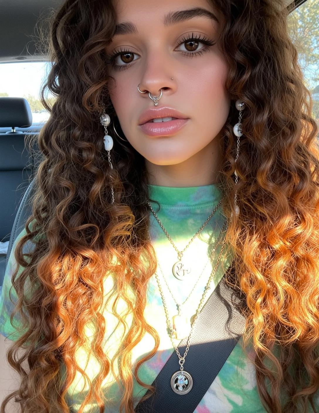 Indie Young Long Curly Brown Auburn Highlights