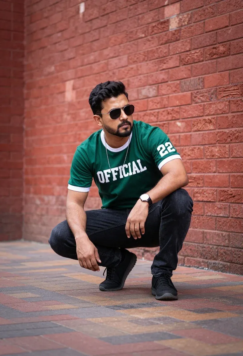Man Crouching Low Brick Pathway Front Red Brick Wall Subject