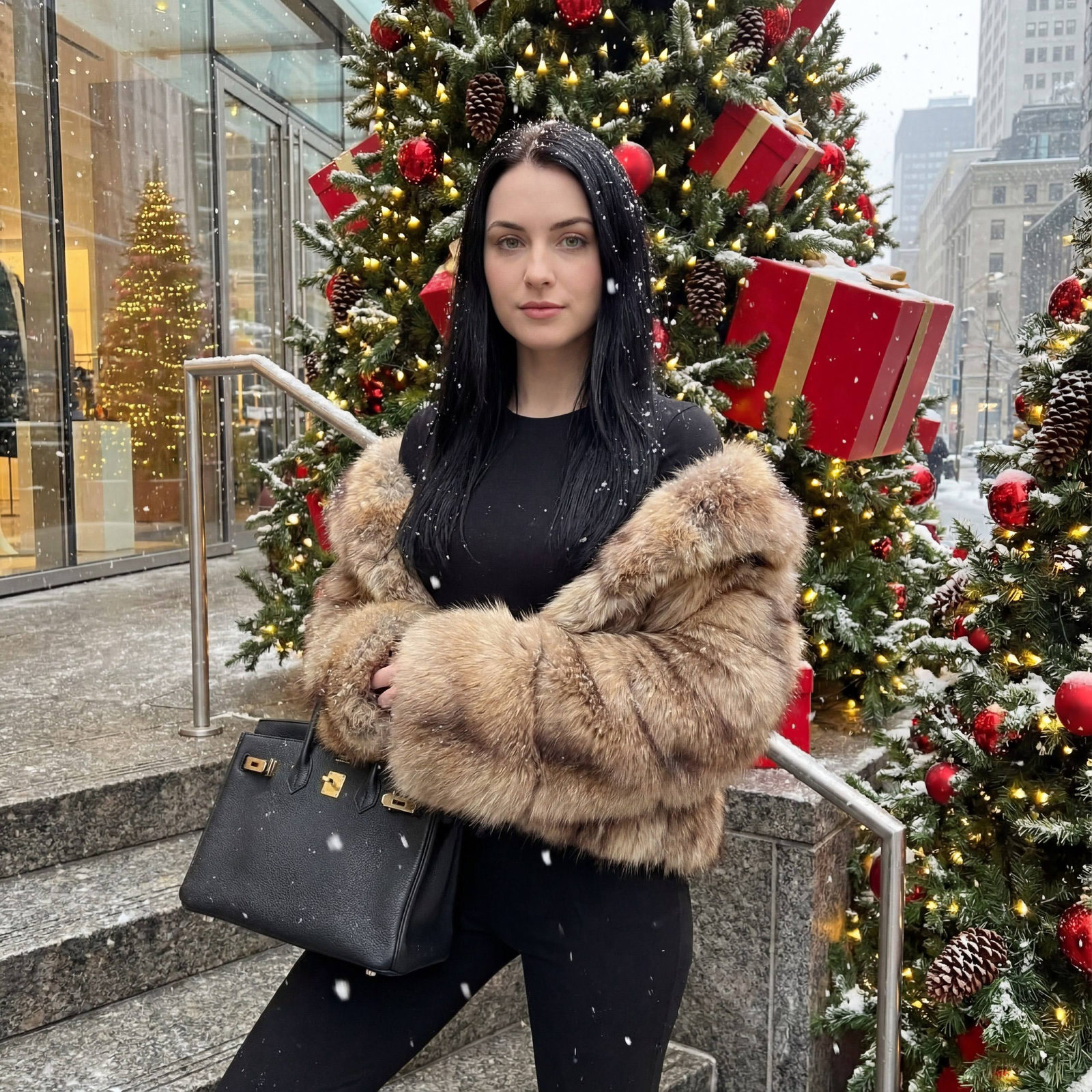 Ultra-realistic Christmas portrait in a snowy city setting with decorated trees and a stylish subject holding a Birkin bag.