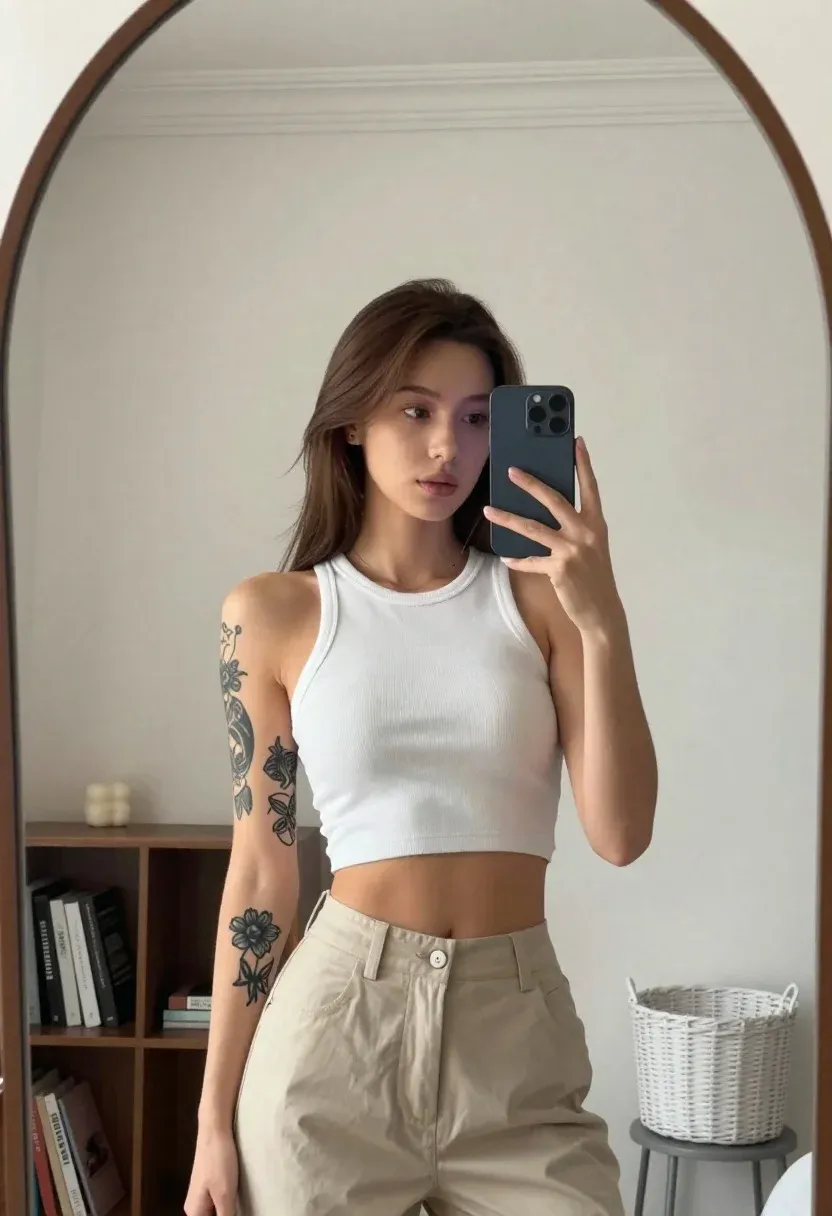Young Woman With Long Brown Hair Takes Mirror Selfie Holding
