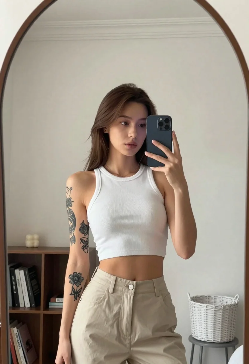 A young woman with long brown hair taking a mirror selfie, holding a dark blue smartphone in her left hand, captured in soft natural light.