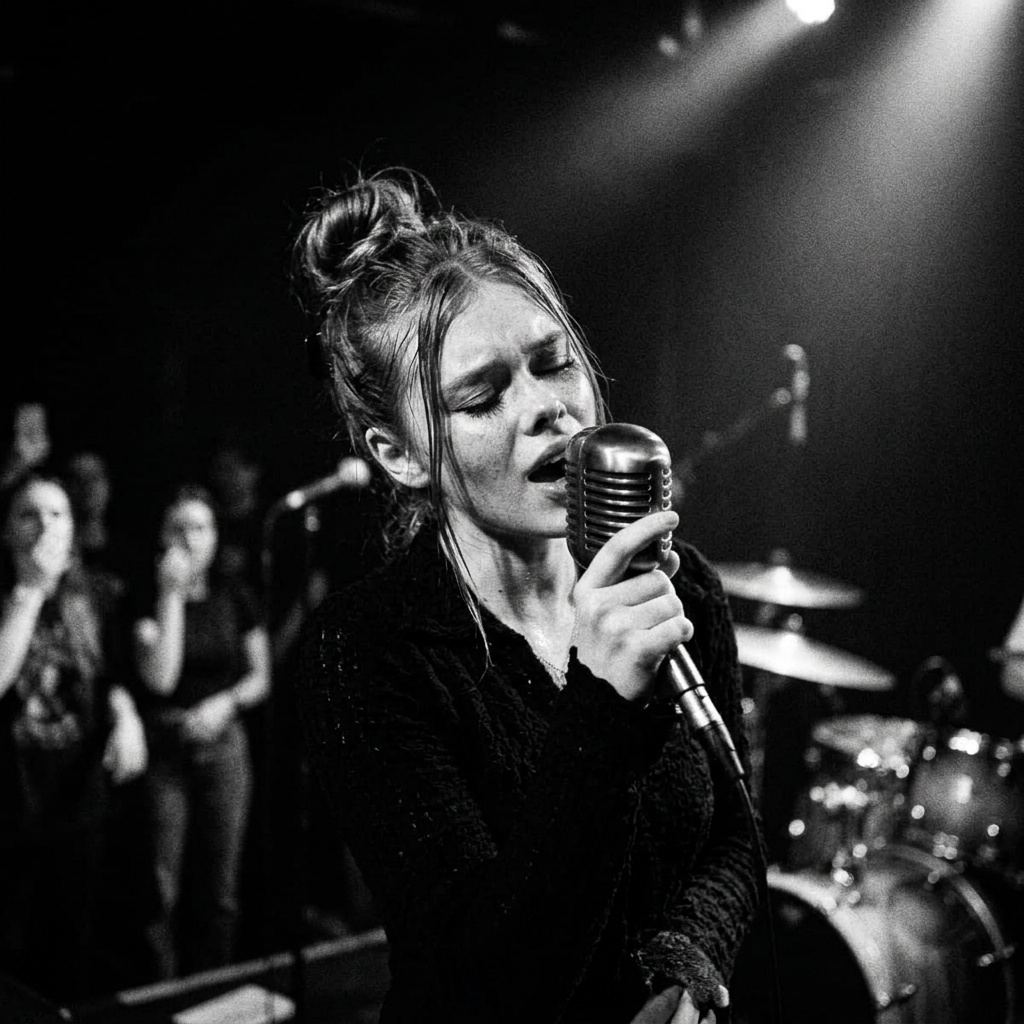 Black and white photograph of a female singer passionately performing on stage with dramatic lighting.