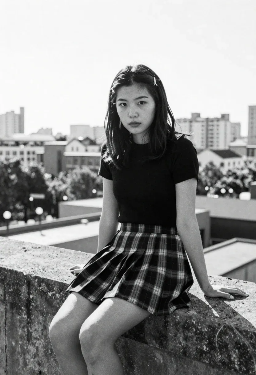 Young Woman Sits Casually Low Concrete Wall Urban Setting Subject