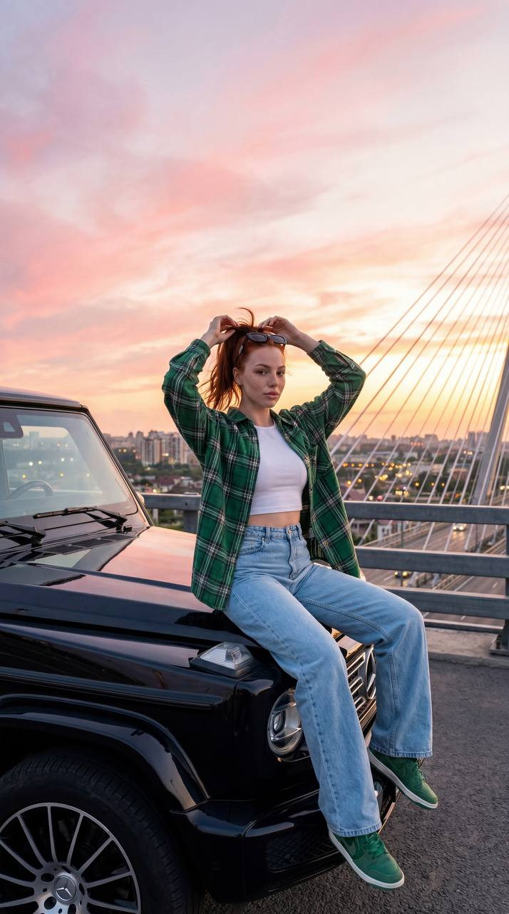 Stylish girl on a G-Wagon with sunset sky backdrop sitting gracefully on the hood.
