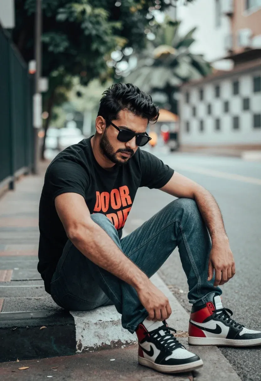 Man Sits Casually Curb Urban Street Setting Subject Man With