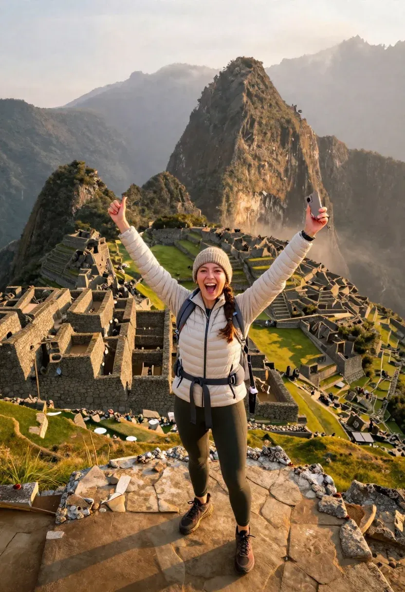 Perfect Machu Picchu Summit Selfie Scene Exhilarated Tourist Woman Conquering