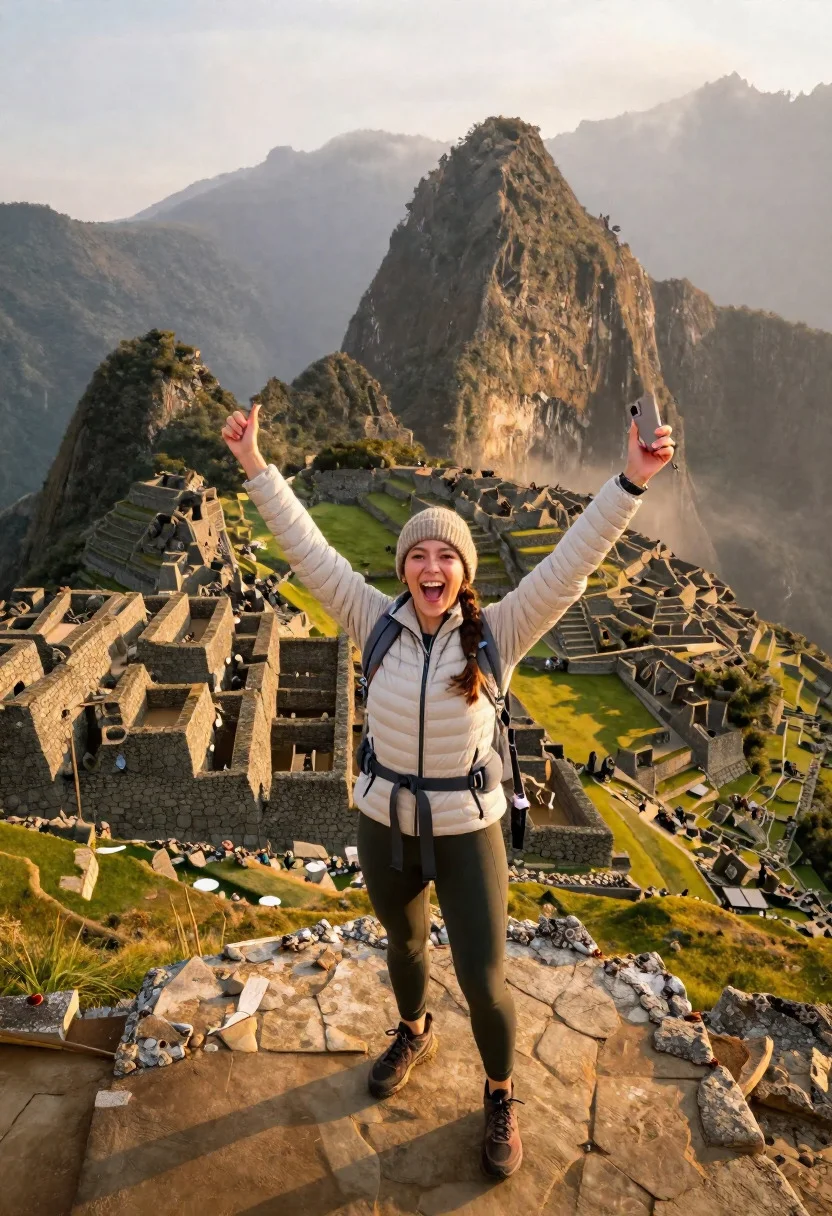 Perfect Machu Picchu Summit Selfie Scene Exhilarated Tourist Woman Conquering reference photo