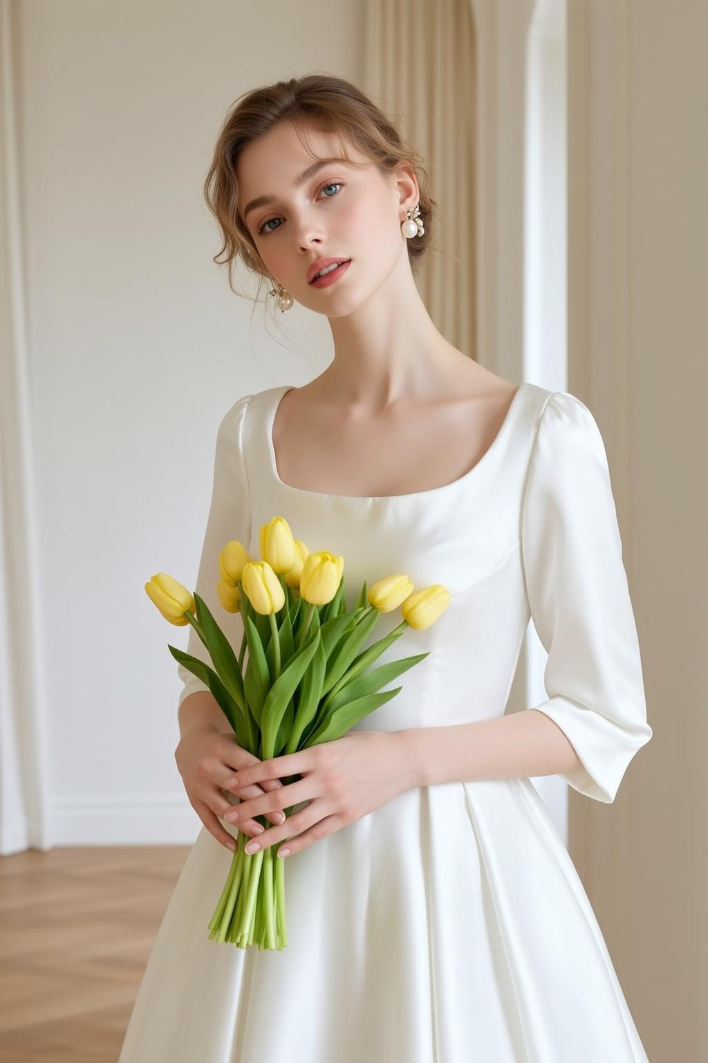 White Satin Dress with Tulips
