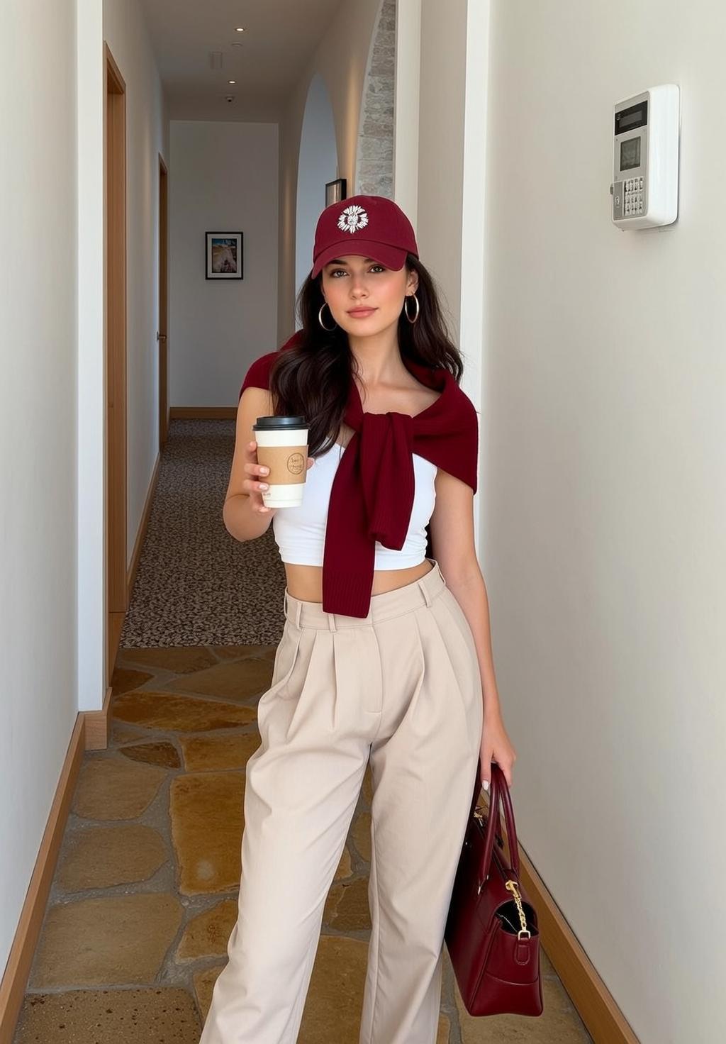 Hallway White Crop Top Burgundy Sweater