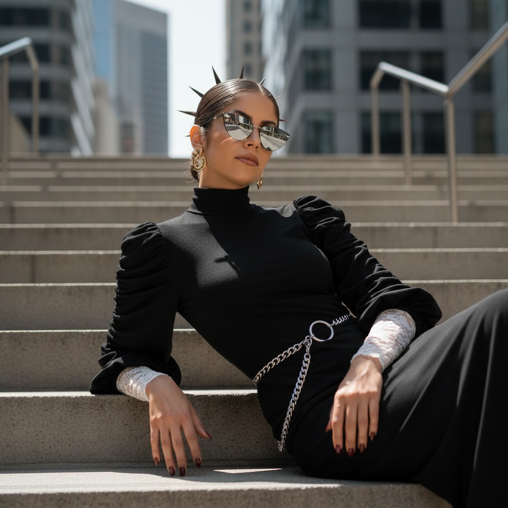 A young adult Latinx woman reclining on concrete steps in a stylish fitted turtleneck dress, showcasing dramatic ruched sleeves and lace cuffs.