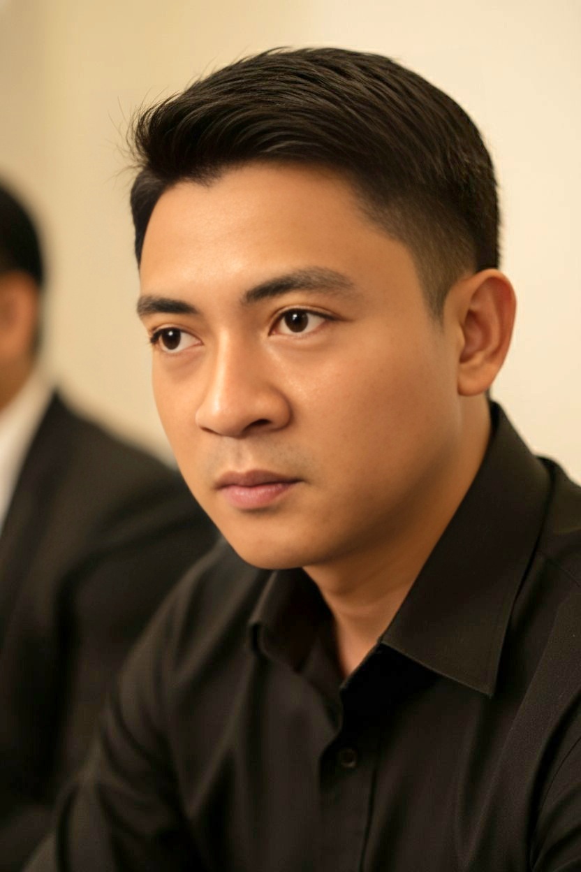 Close-up of a serious individual wearing a black shirt, with dramatic lighting emphasizing facial features and soft shadows.