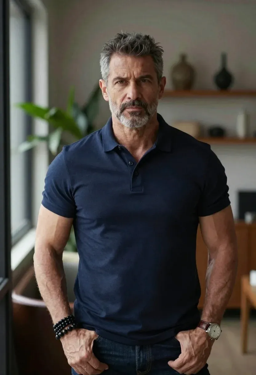Portrait Middle-aged Man With Short Graying Hair And Beard Standing
