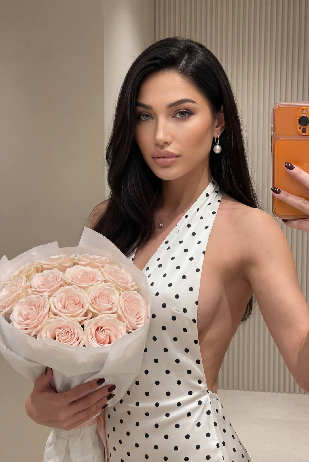 A soft, elegant selfie of a woman in a white polka dot dress, holding a bouquet of pale pink roses against a minimal indoor background.