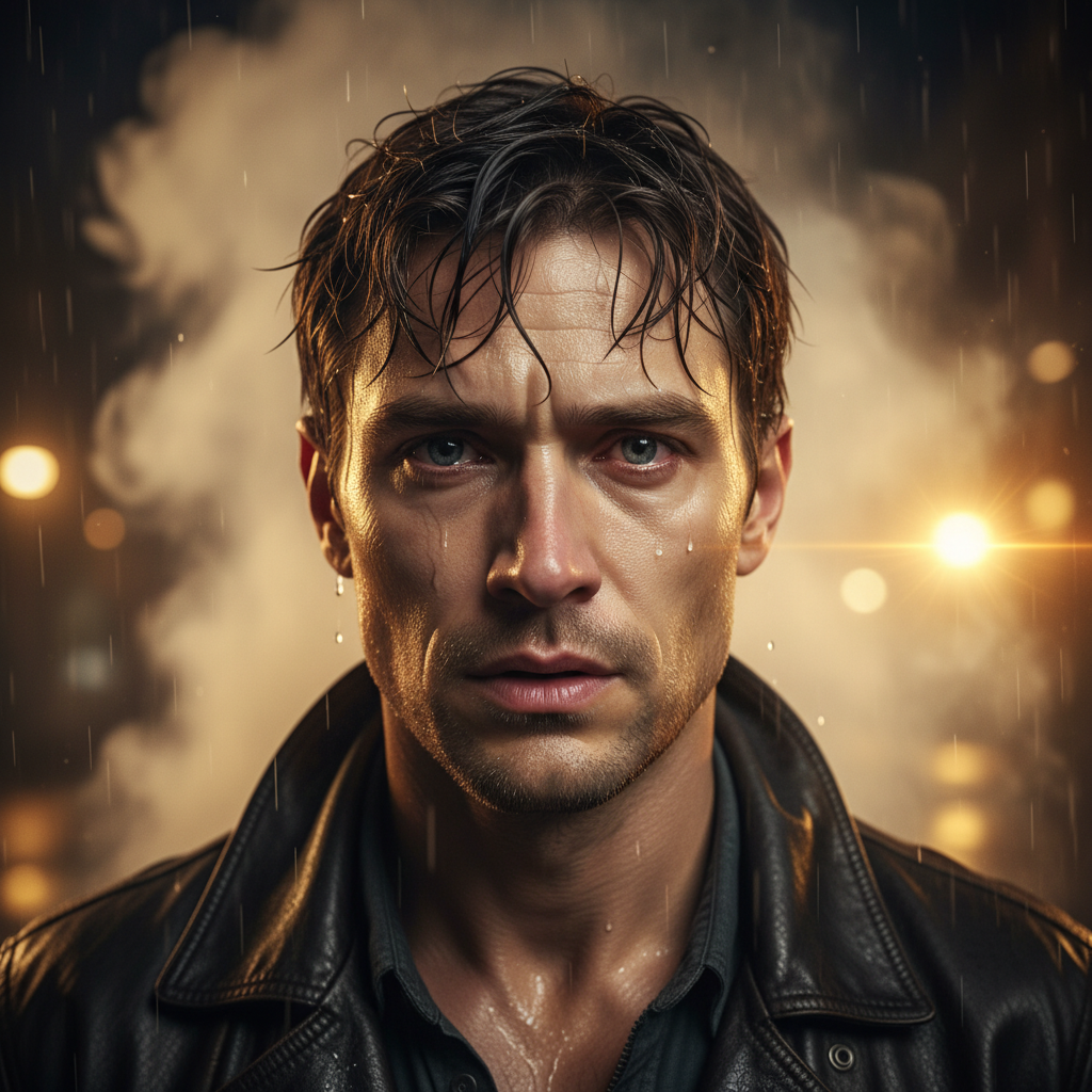 A man with a nervous expression looks directly into the camera, rain on his head, yellow cinematic lights and smoke behind him.