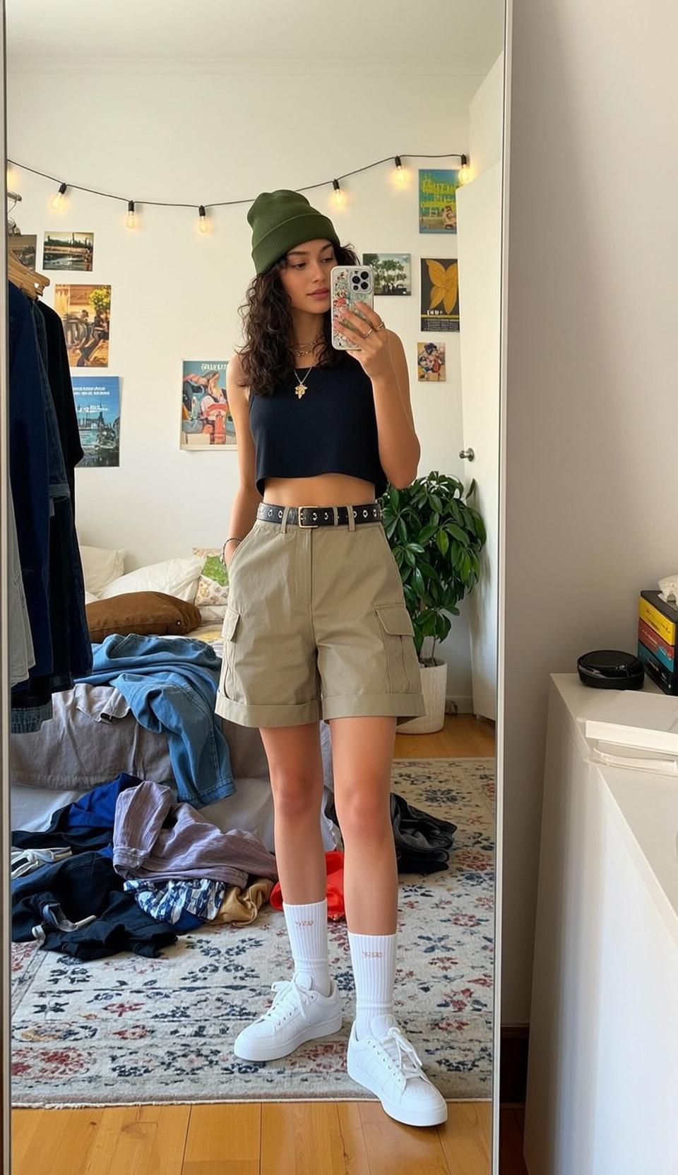 Girl In Bedroom With String Lights Holding Phone