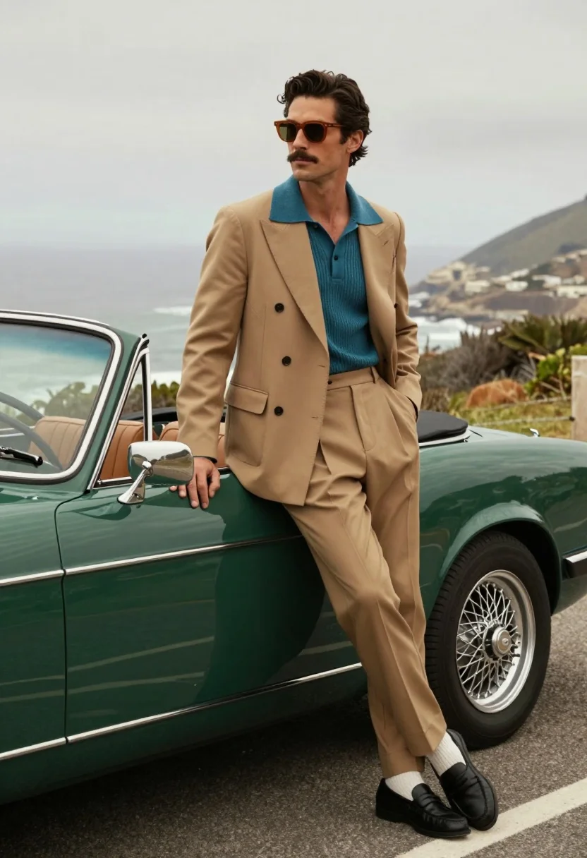 Stylish Man With Dark Wavy Hair And Mustache Leans Casually