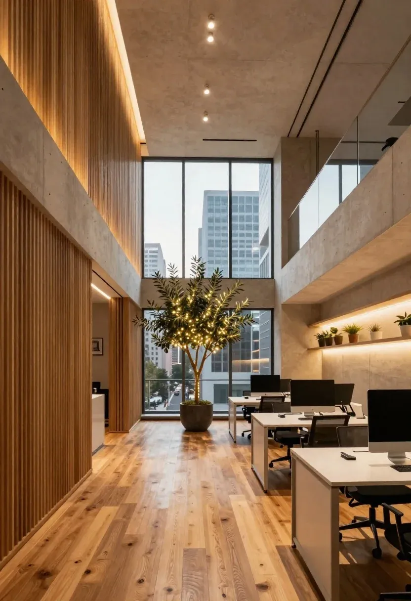 Photorealistic Interior View Modern High-rise Office With Warm Ambient Lighting