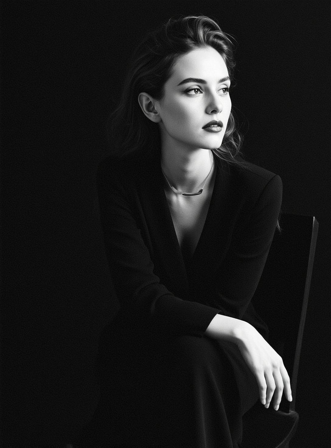 Photorealistic Black And White Portrait Young Woman With Fair Skin reference photo