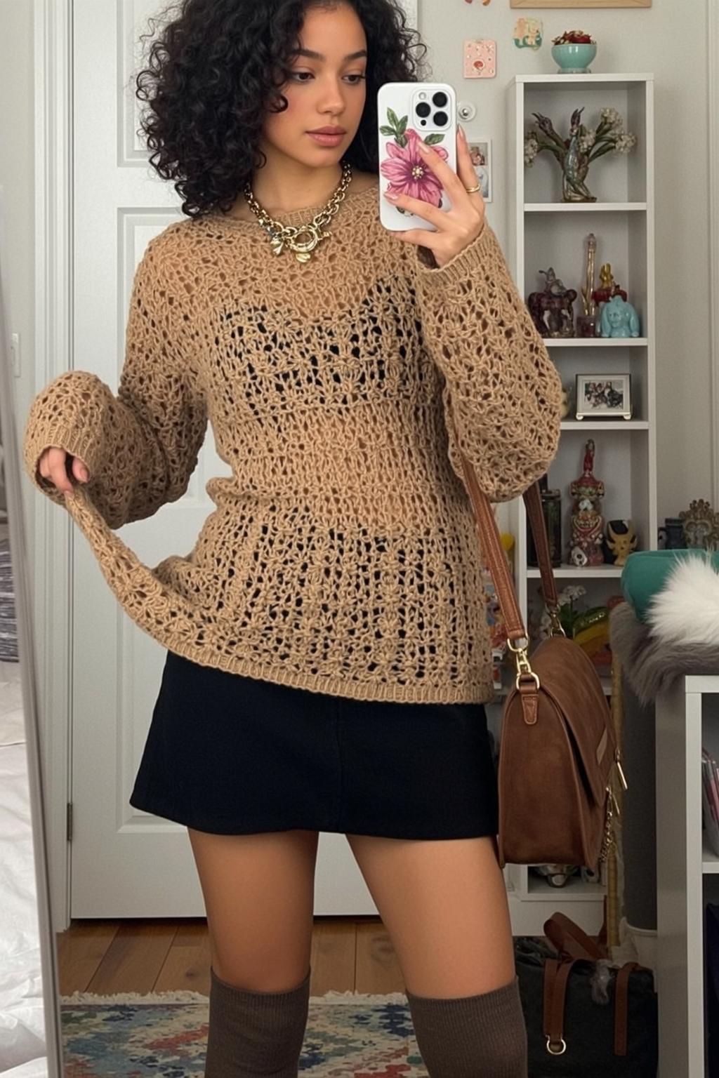 Tan Crochet Sweater Black Skirt Selfie