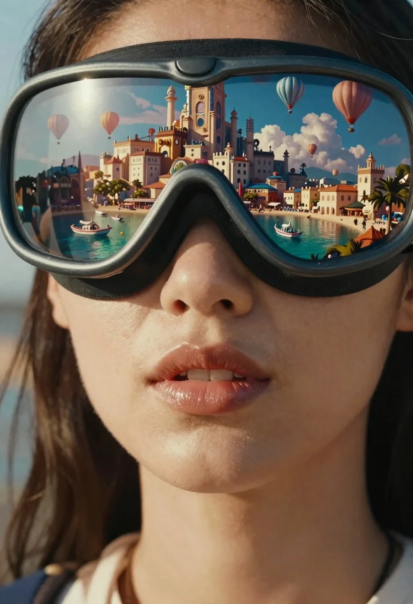 Close-up Portrait Woman With Oversized Reflective Goggles Surreal Dreamlike Setting reference photo