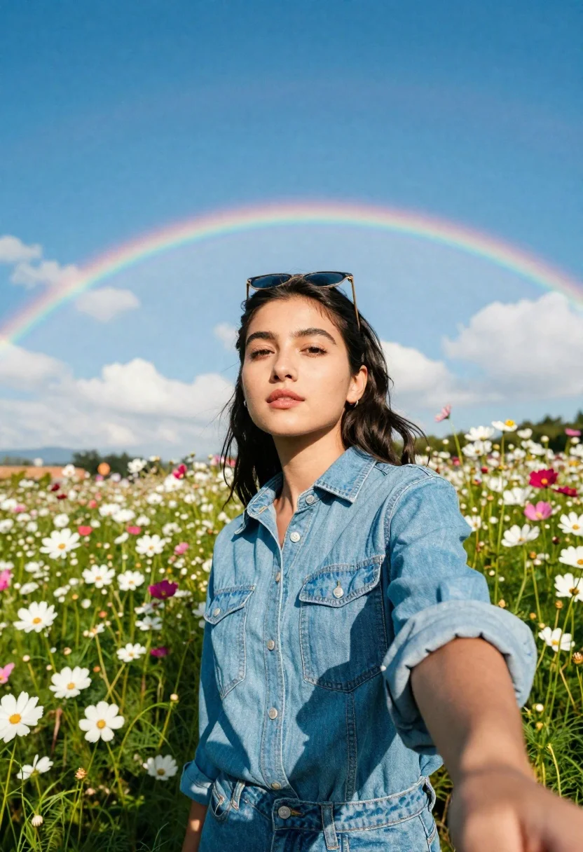Young Woman Stands Vibrant Field Cosmos Flowers Under Bright Blue