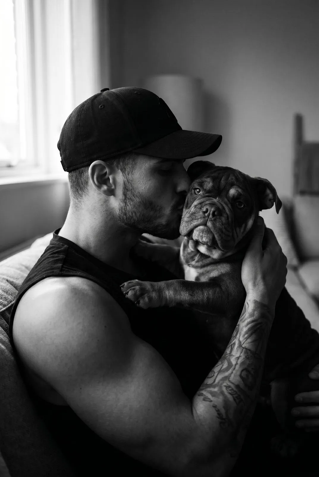 Muscular Man Kissing Bulldog Intimate Black And White