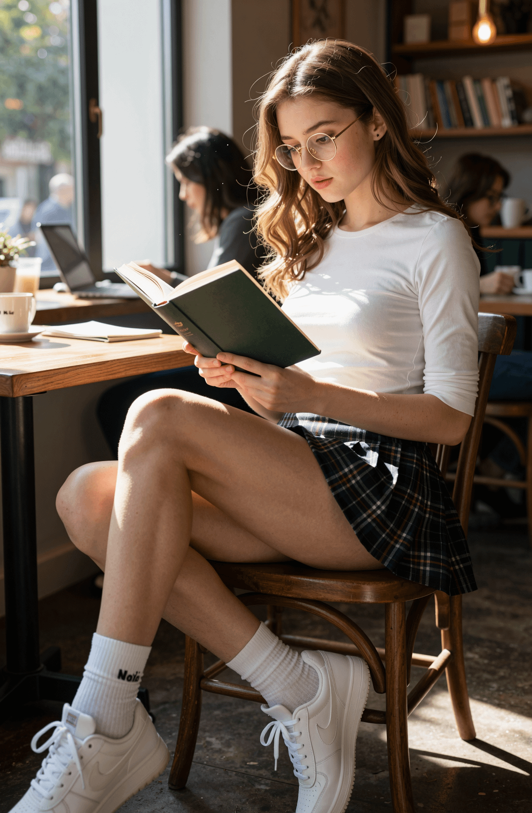 Cafe Scene Person Reading Book White Socks Sneakers