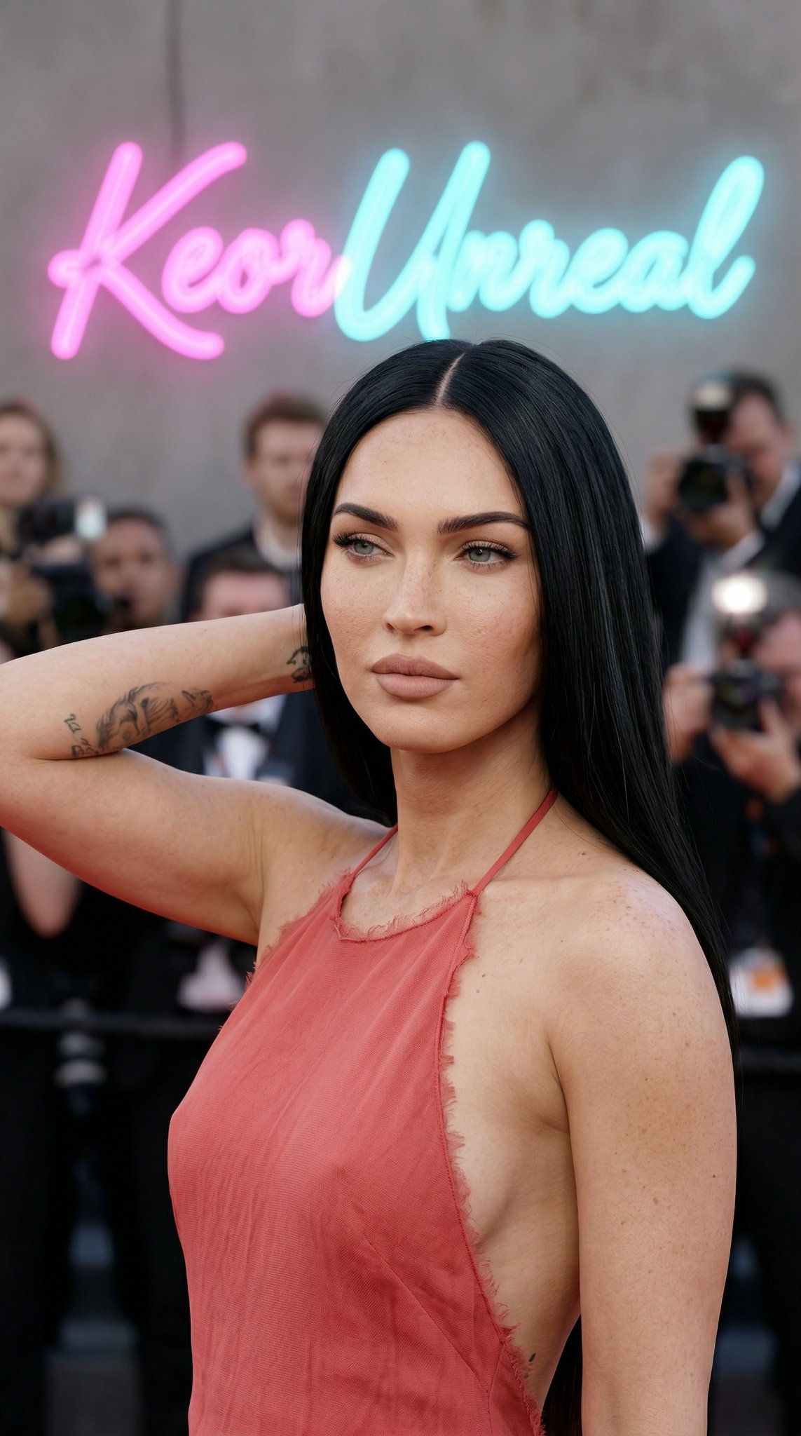 Red Carpet Halter Dress Freckled Shoulders Neon Sign