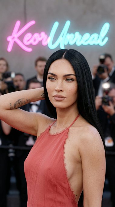 Photorealistic red carpet portrait of a woman with freckled shoulders wearing a light red halter-neck dress, neon sign in background.