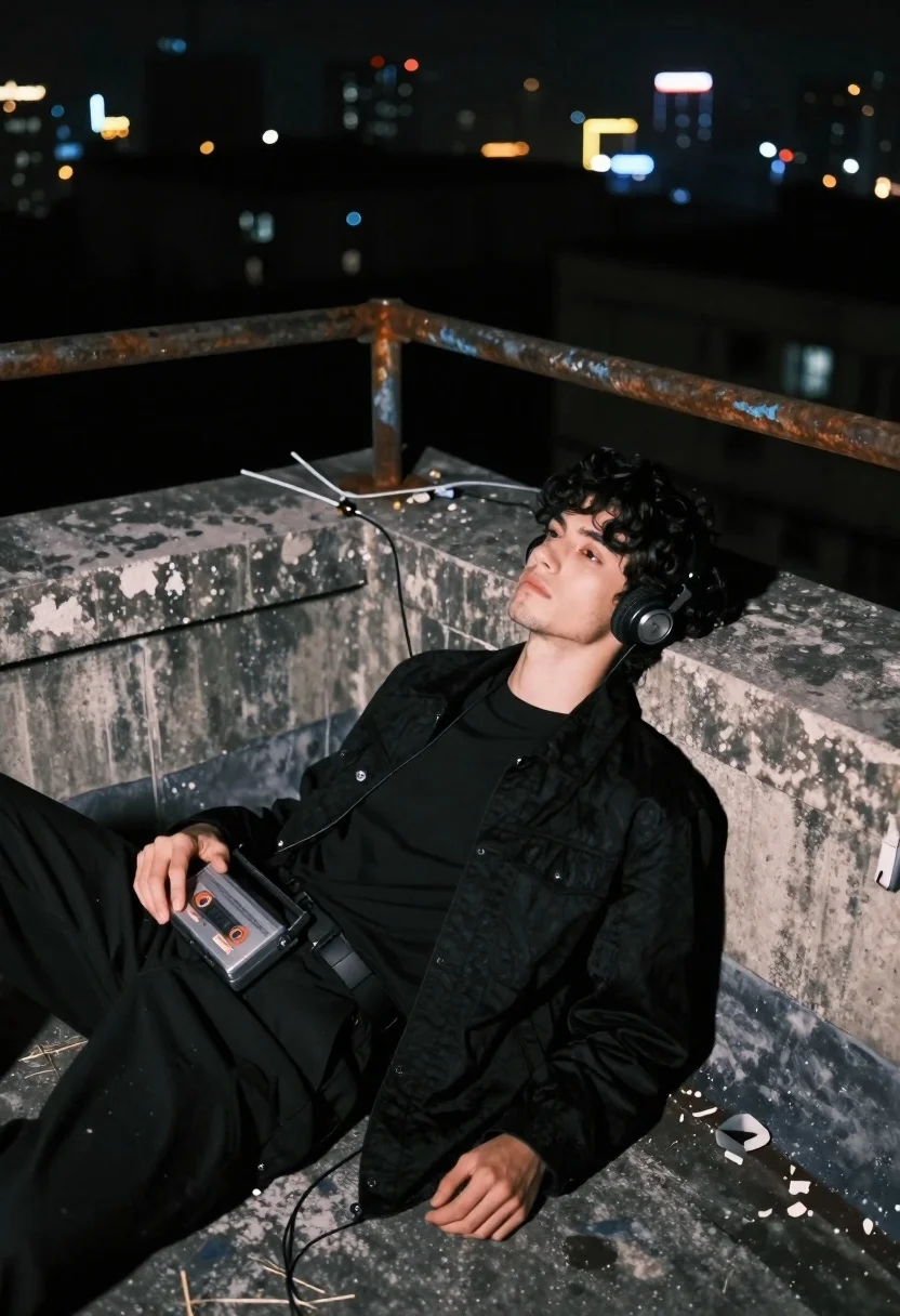 Young man with dark curly hair lying on a weathered concrete ledge, illuminated by distant city lights.