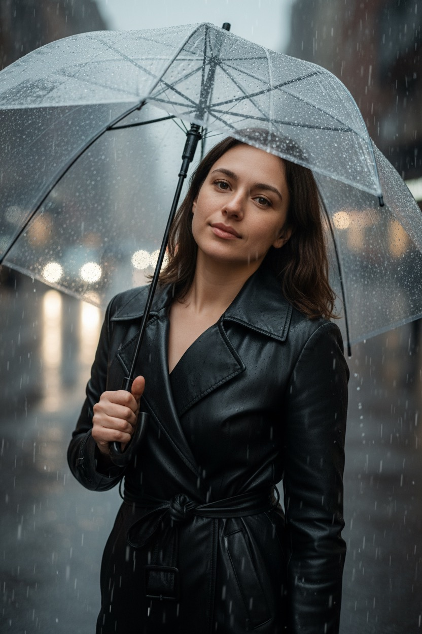 A woman in a black leather trench coat holding a transparent umbrella on a rainy city street with a soft melancholic expression.