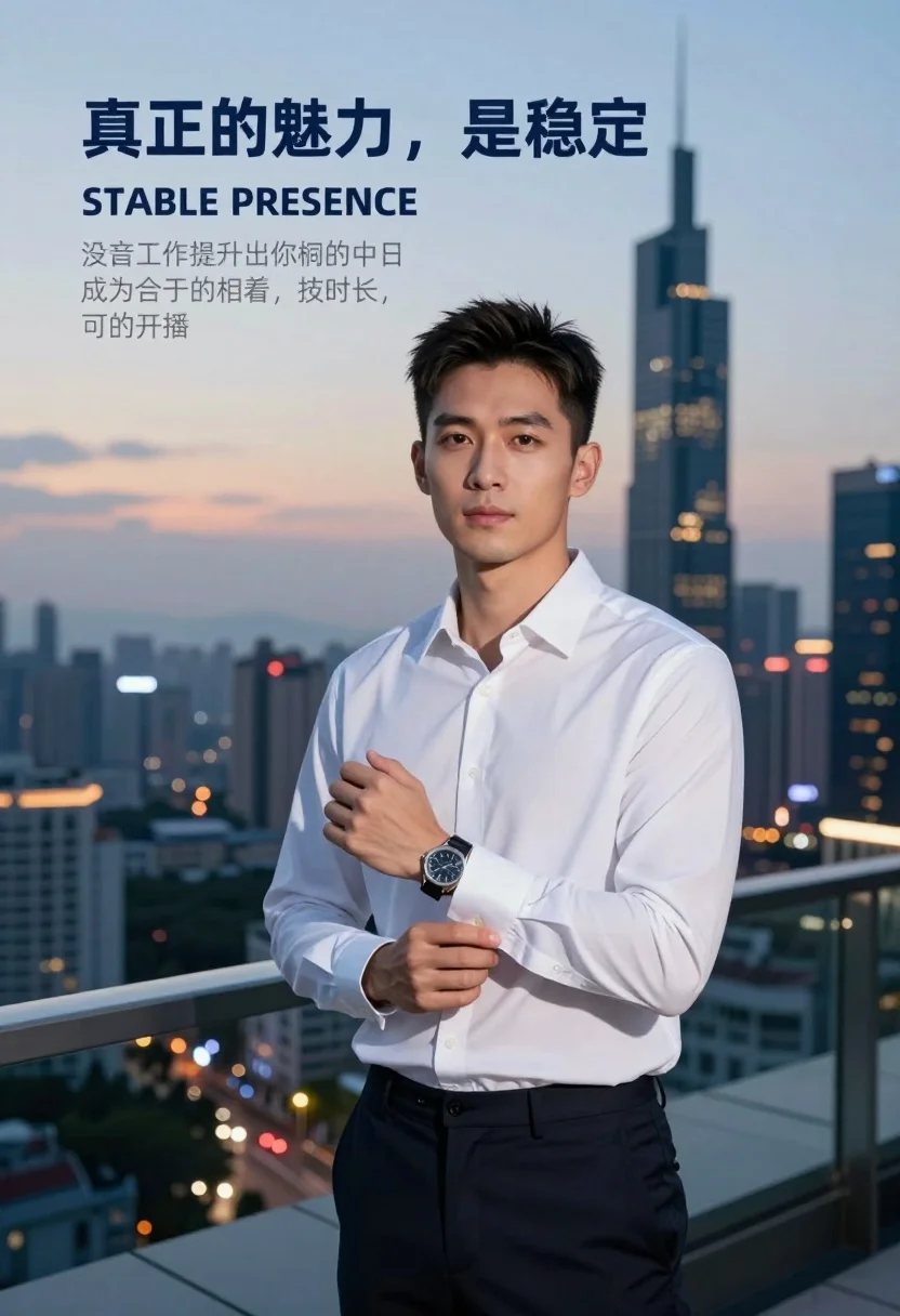 Confident Asian Man Stands The Foreground Against Twilight City Skyline