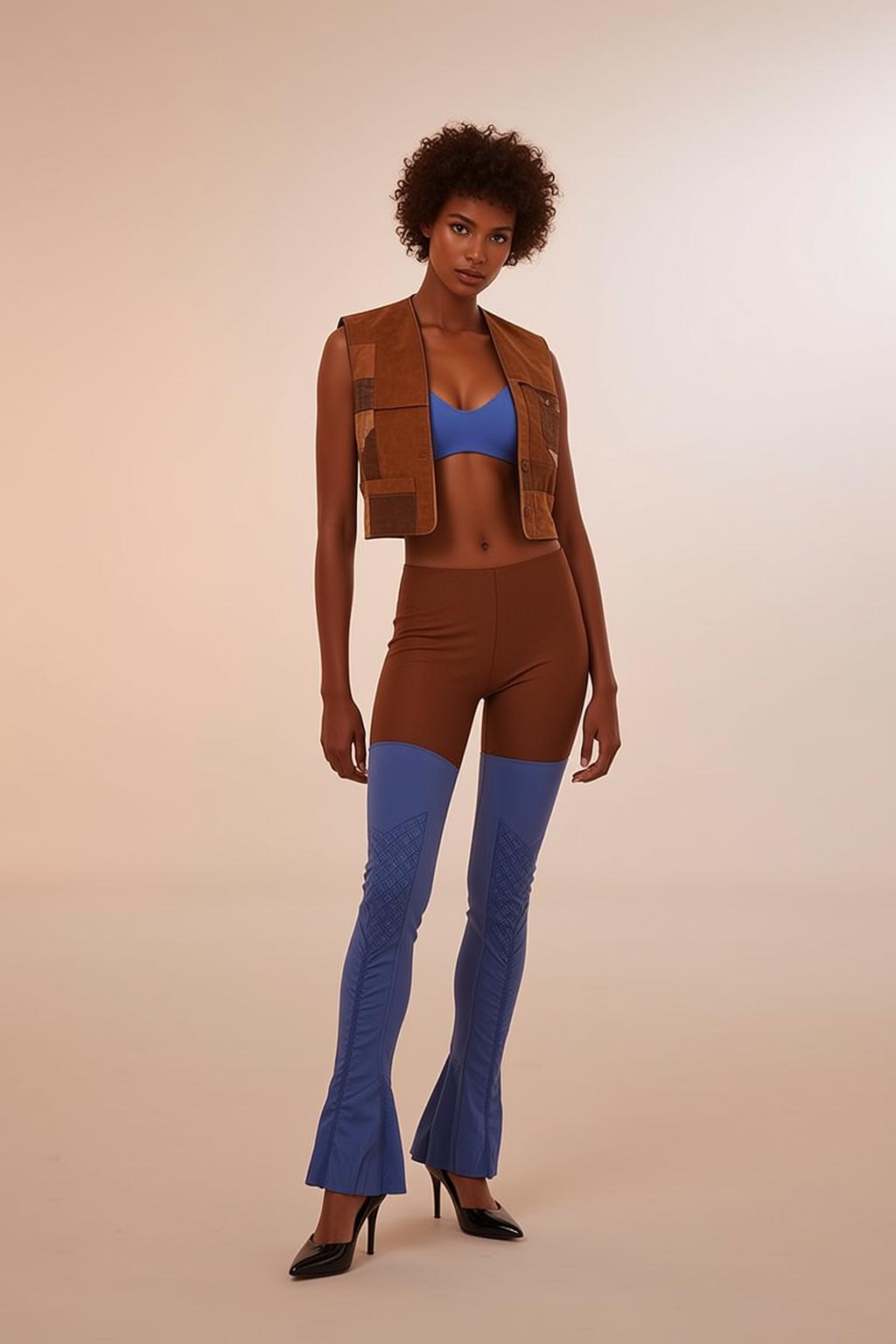 Dark Curly Hair Blue Bra Brown Vest Studio