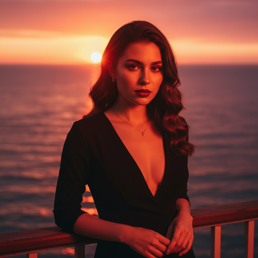 A confident woman with dark wavy hair standing on a ship deck, her face illuminated by warm sunset light, wearing a low-cut black dress.