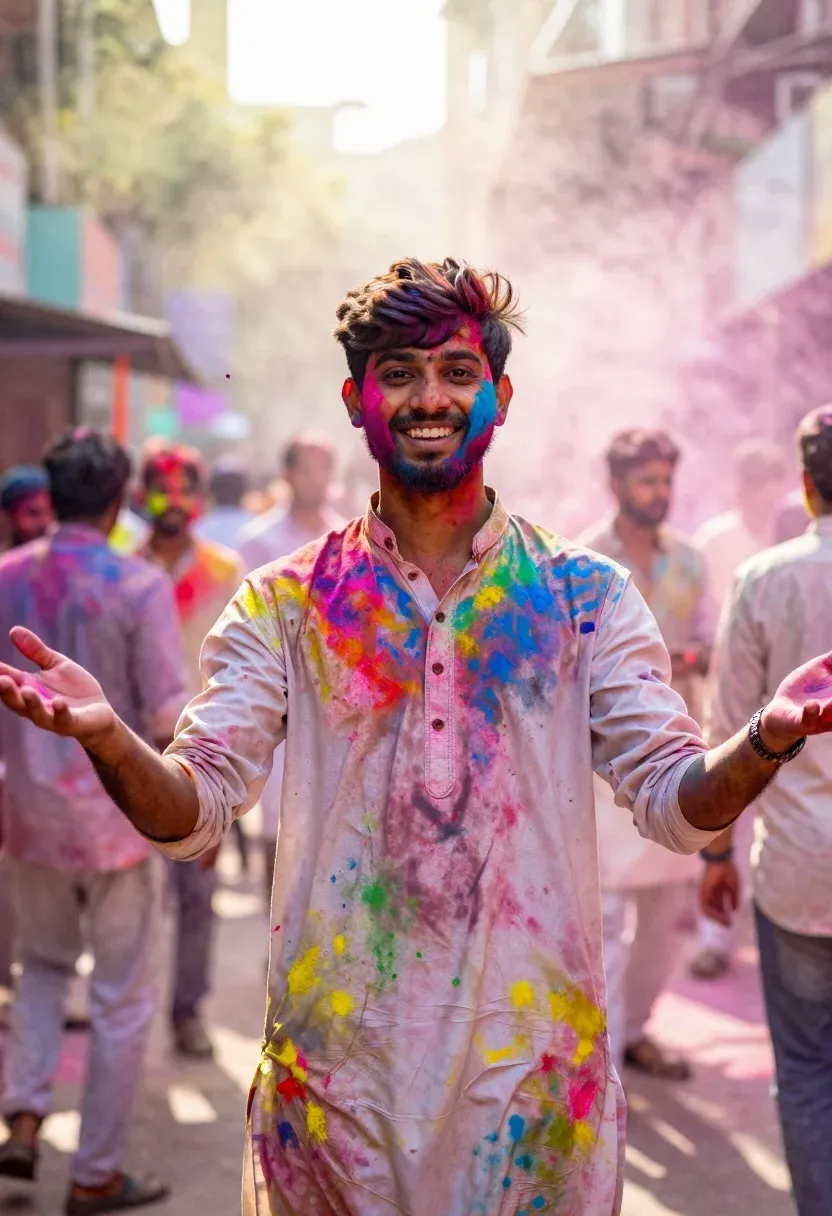 Joyful Young Man Stands The Center Vibrant Celebration His Face