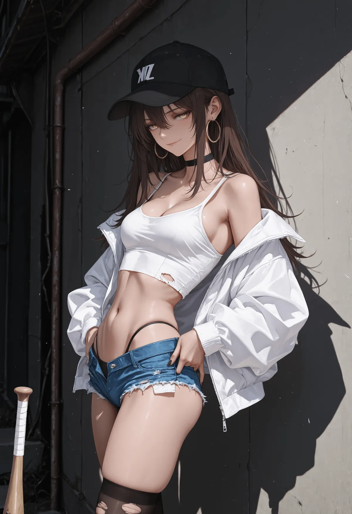 White Tank Top Denim Shorts And Stockings Leaning