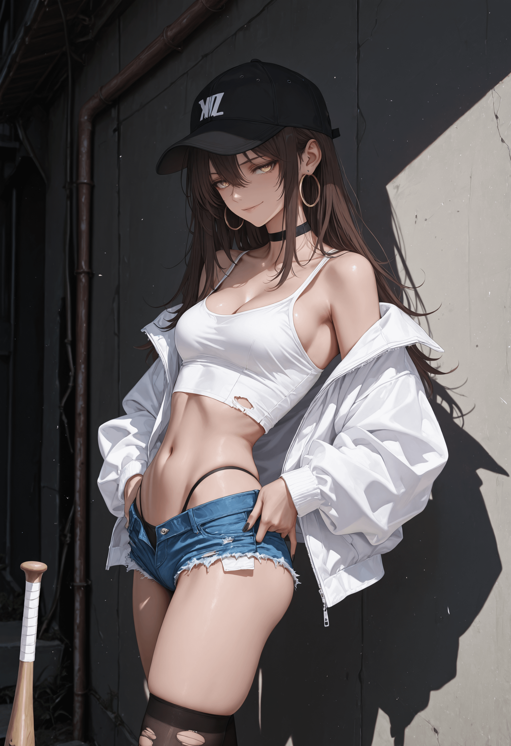 White Tank Top Denim Shorts And Stockings Leaning