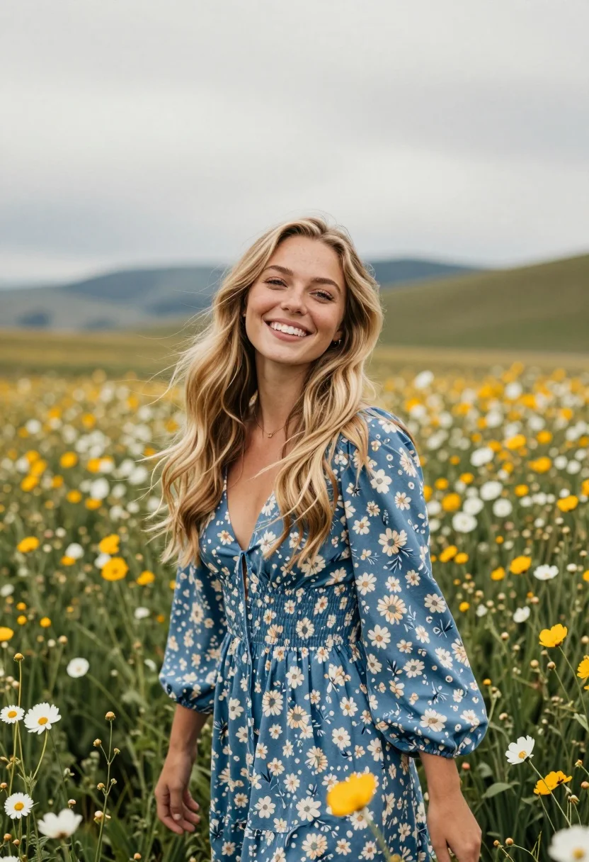 Joyful Young Woman With Long Blonde Hair Stands Smiling Field