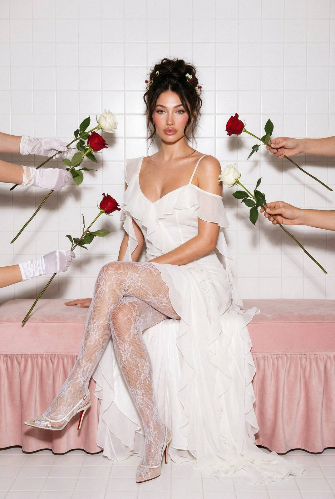 A woman in a romantic white chiffon dress seated on a pink platform, surrounded by hands offering long stem roses, captured in soft lighting.