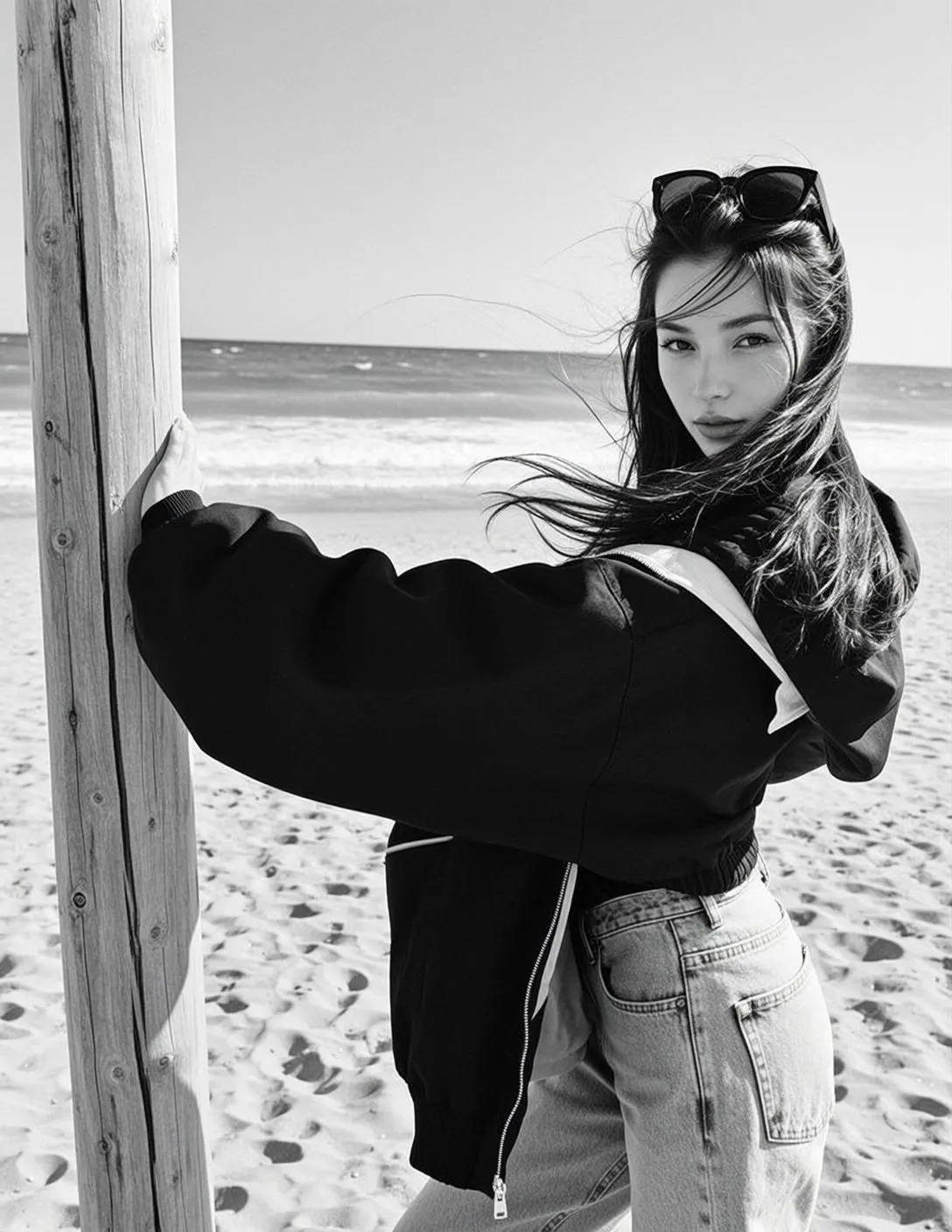 Photorealistic Medium Shot Black And White Portrait Captures Young Woman