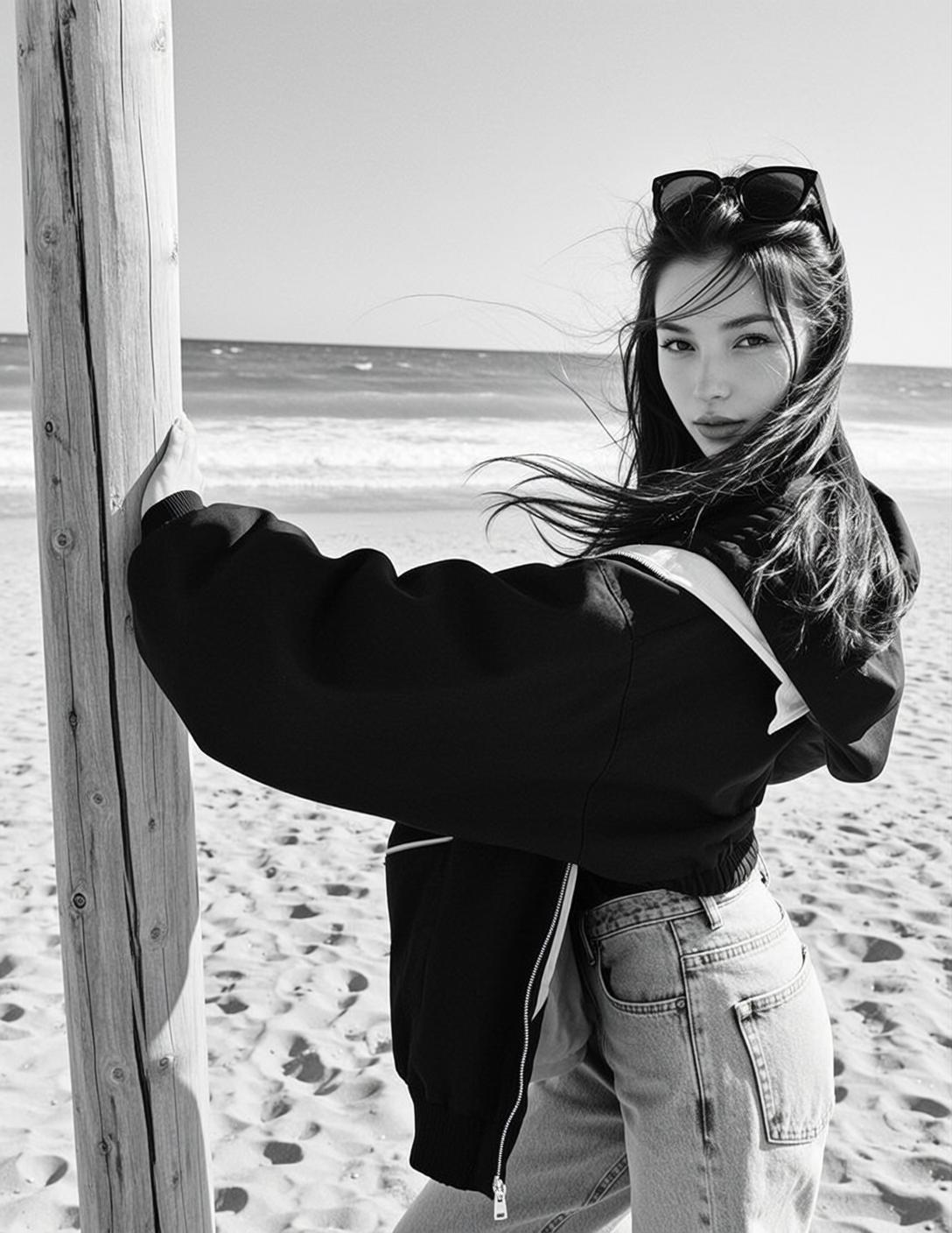 Photorealistic Medium Shot Black And White Portrait Captures Young Woman