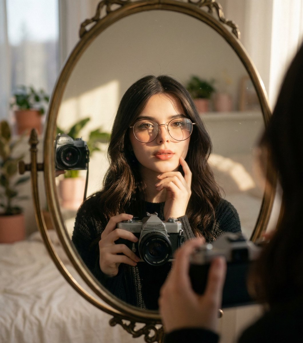 A woman with long dark hair holding a vintage camera, reflected in an oval mirror, illuminated by warm sunlight.